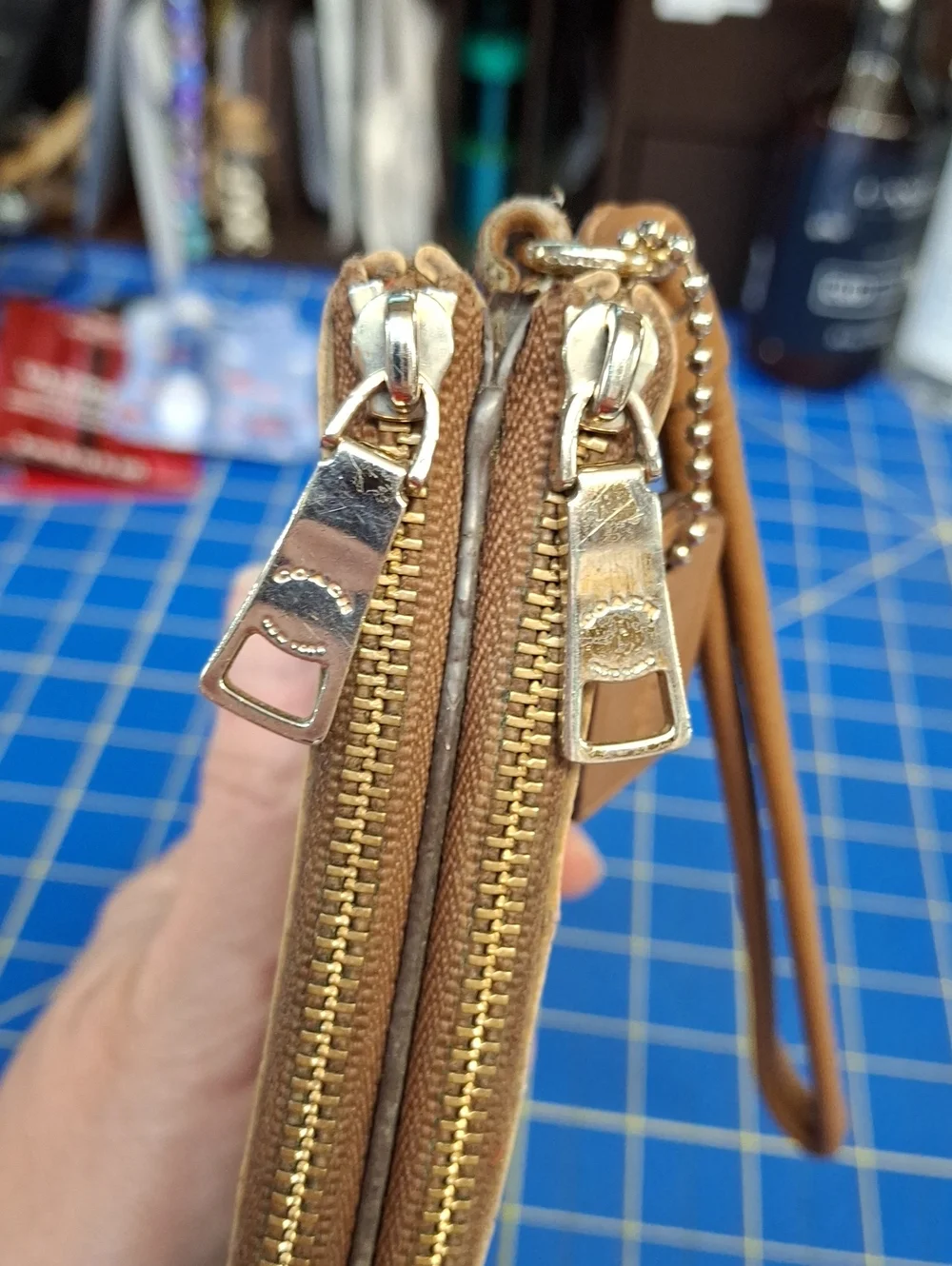 Coach Signature PVC Double Zip Wristlet Browns 8.5